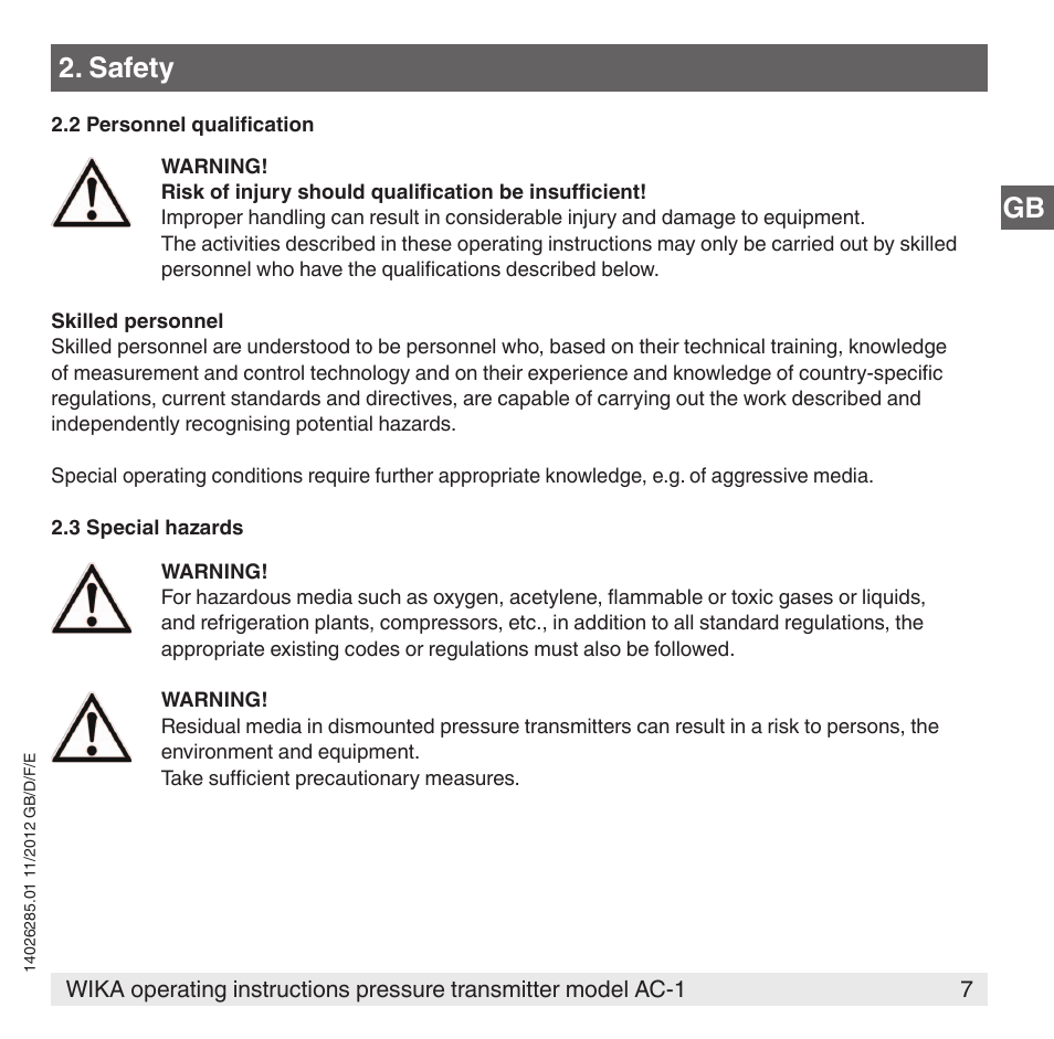 Gb 2. safety | WIKA AC-1 User Manual | Page 7 / 88