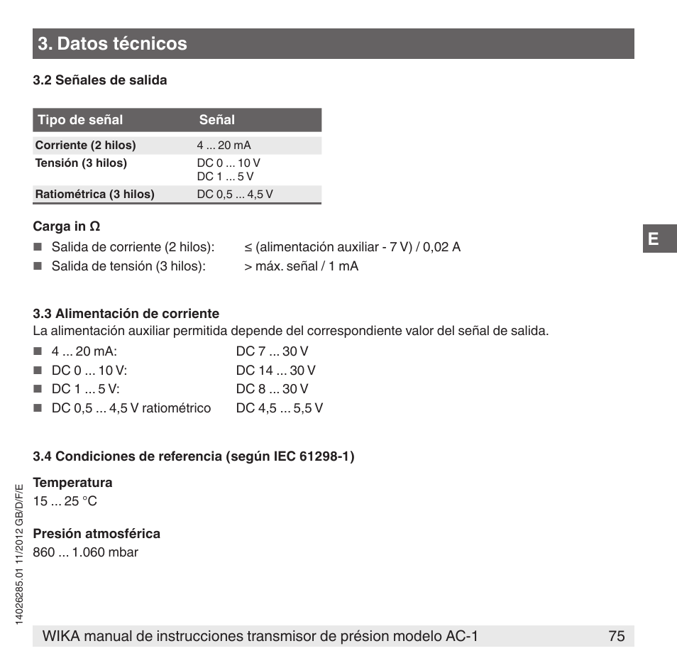 Datos técnicos | WIKA AC-1 User Manual | Page 75 / 88