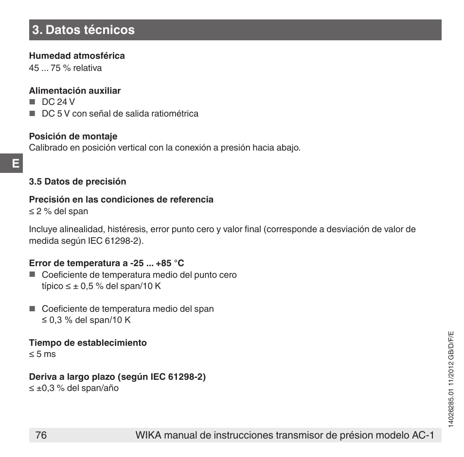 Datos técnicos | WIKA AC-1 User Manual | Page 76 / 88