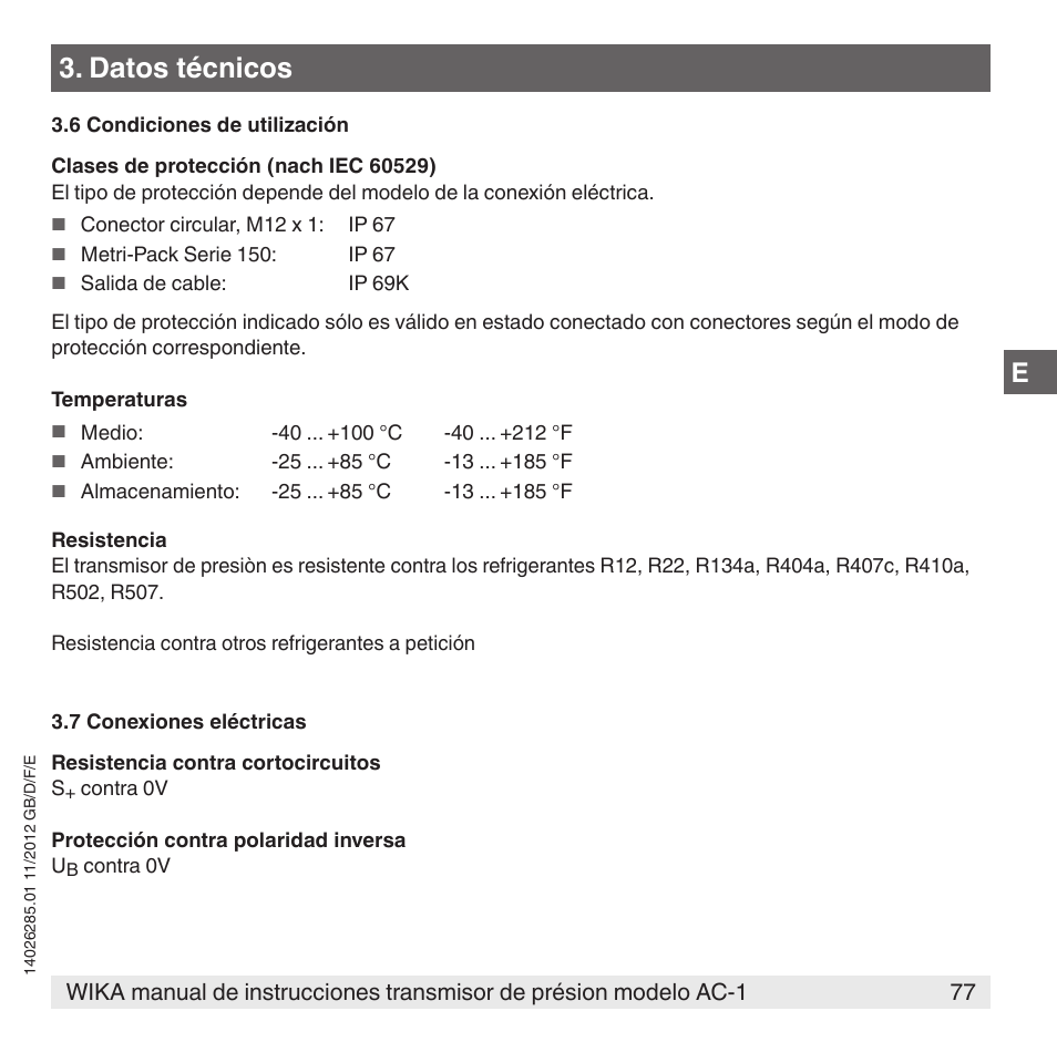 Datos técnicos | WIKA AC-1 User Manual | Page 77 / 88