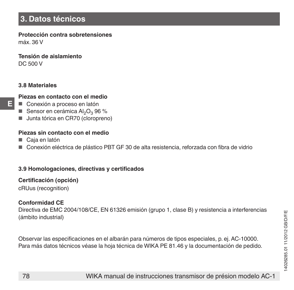 Datos técnicos | WIKA AC-1 User Manual | Page 78 / 88