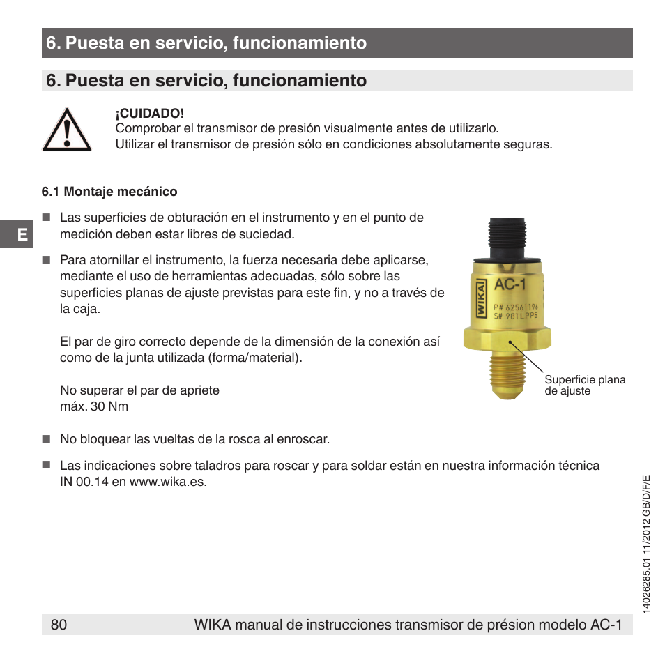 Puesta en servicio, funcionamiento | WIKA AC-1 User Manual | Page 80 / 88