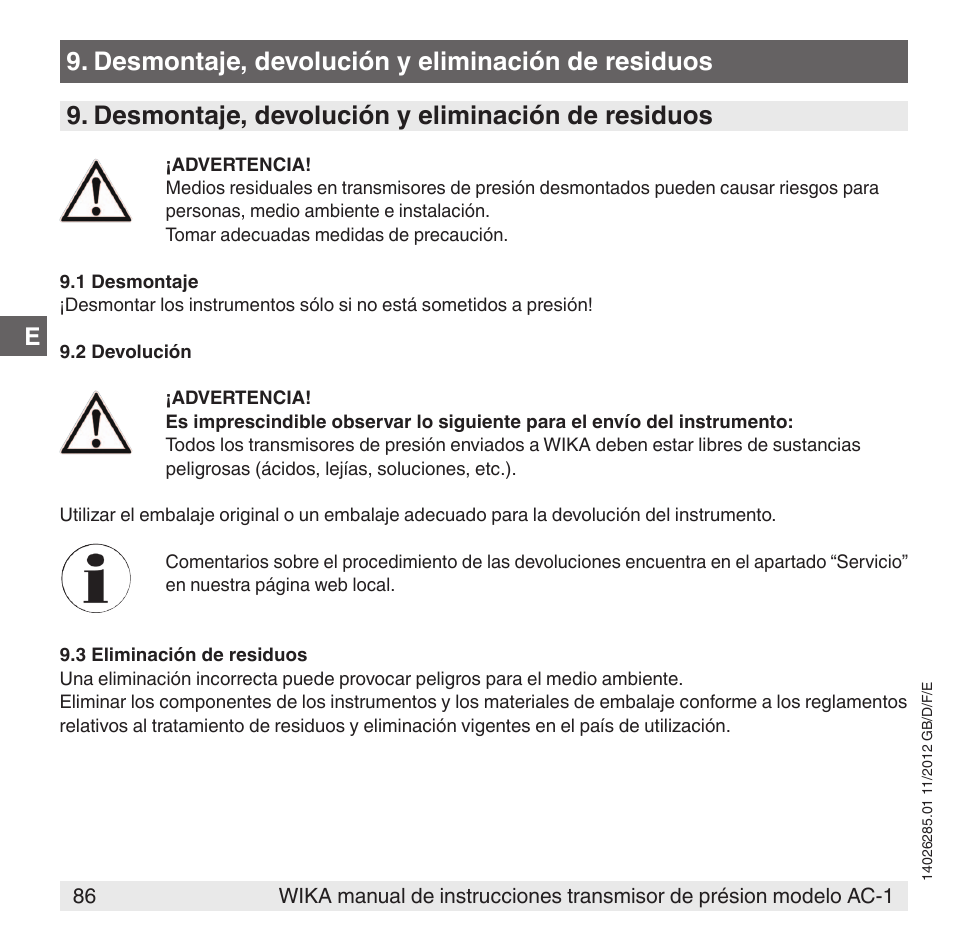 Desmontaje, devolución y eliminación de residuos | WIKA AC-1 User Manual | Page 86 / 88