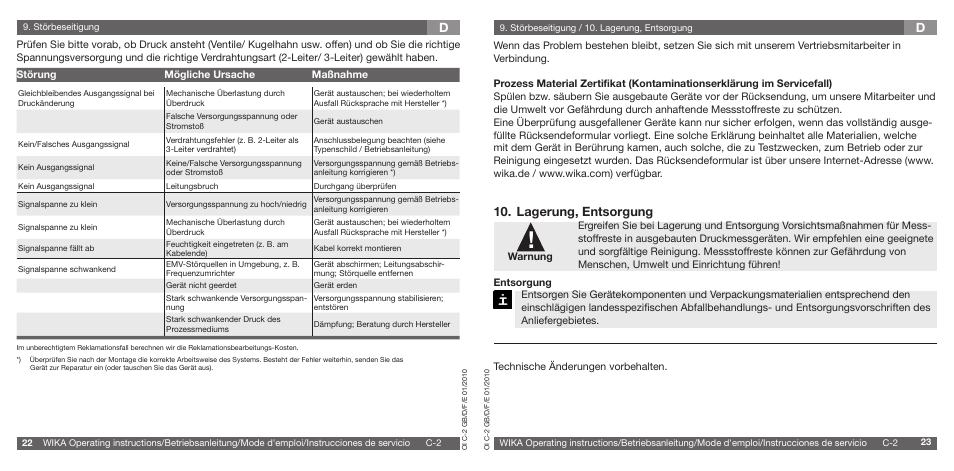 Lagerung, entsorgung | WIKA C-2 User Manual | Page 12 / 24