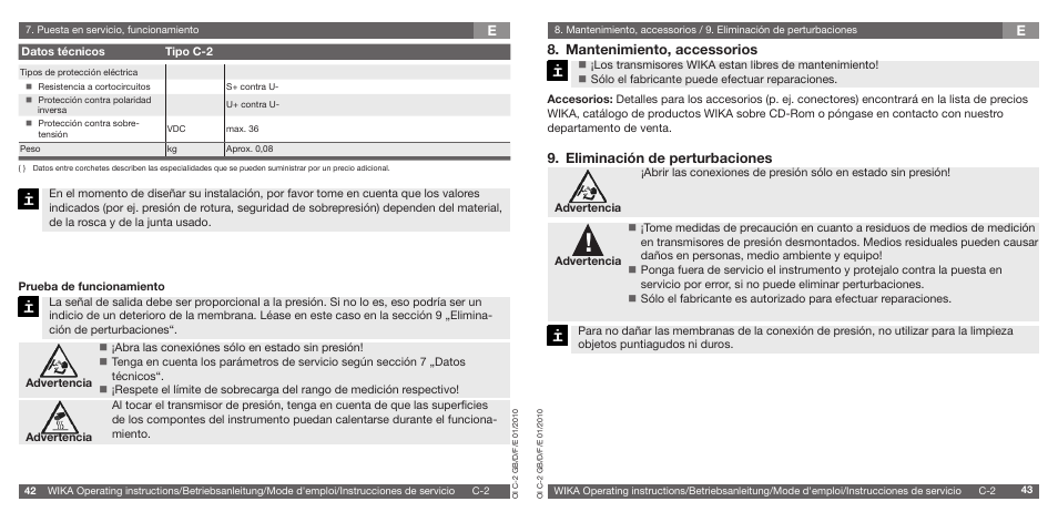 E8. mantenimiento, accessorios, Eliminación de perturbaciones | WIKA C-2 User Manual | Page 22 / 24