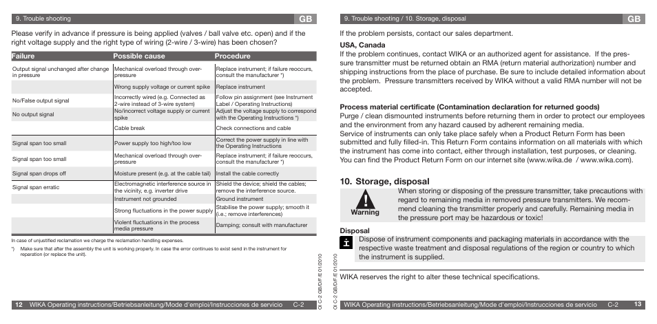 Gb 10. storage, disposal | WIKA C-2 User Manual | Page 7 / 24