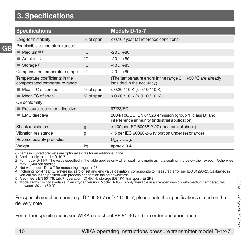 Specifications, Specifications models d-1x-7 | WIKA D-11-7 User Manual | Page 10 / 112