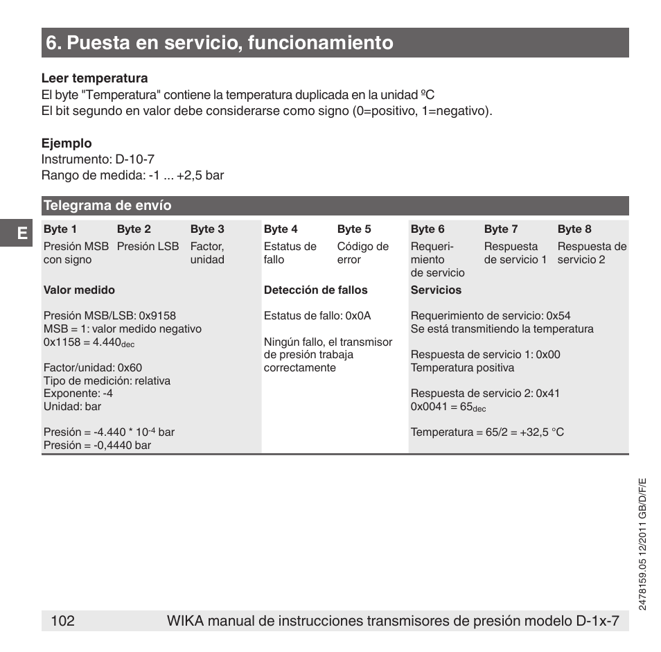 Puesta en servicio, funcionamiento | WIKA D-11-7 User Manual | Page 102 / 112