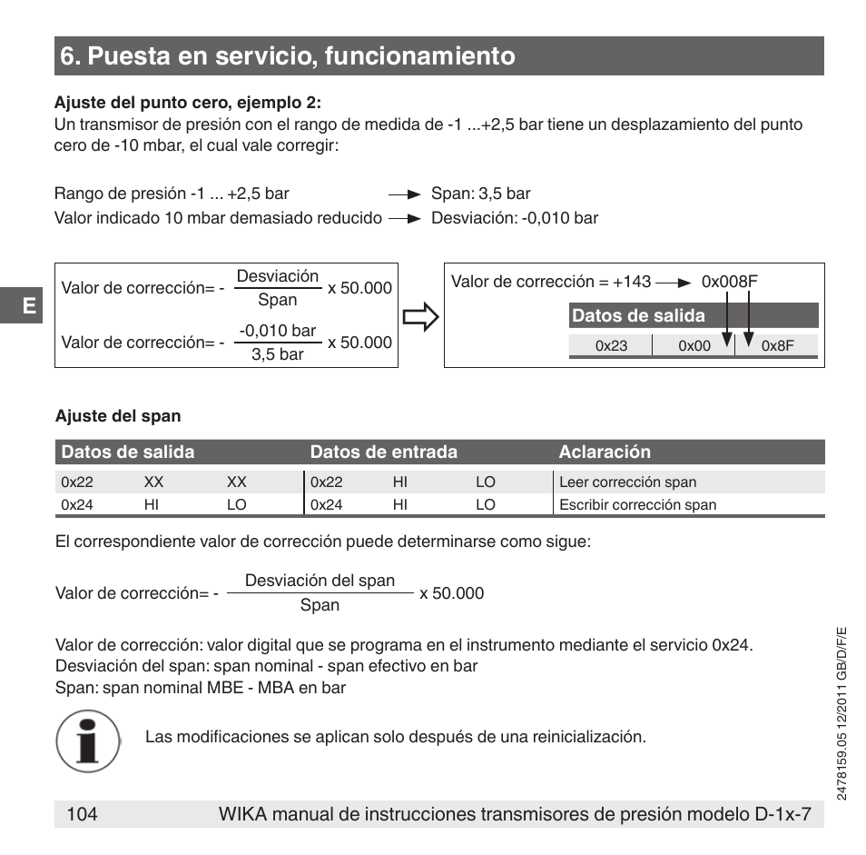 Puesta en servicio, funcionamiento | WIKA D-11-7 User Manual | Page 104 / 112