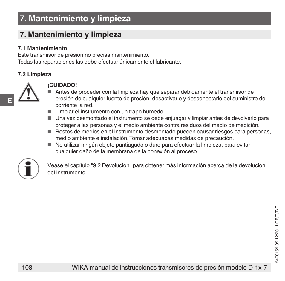 Mantenimiento y limpieza | WIKA D-11-7 User Manual | Page 108 / 112