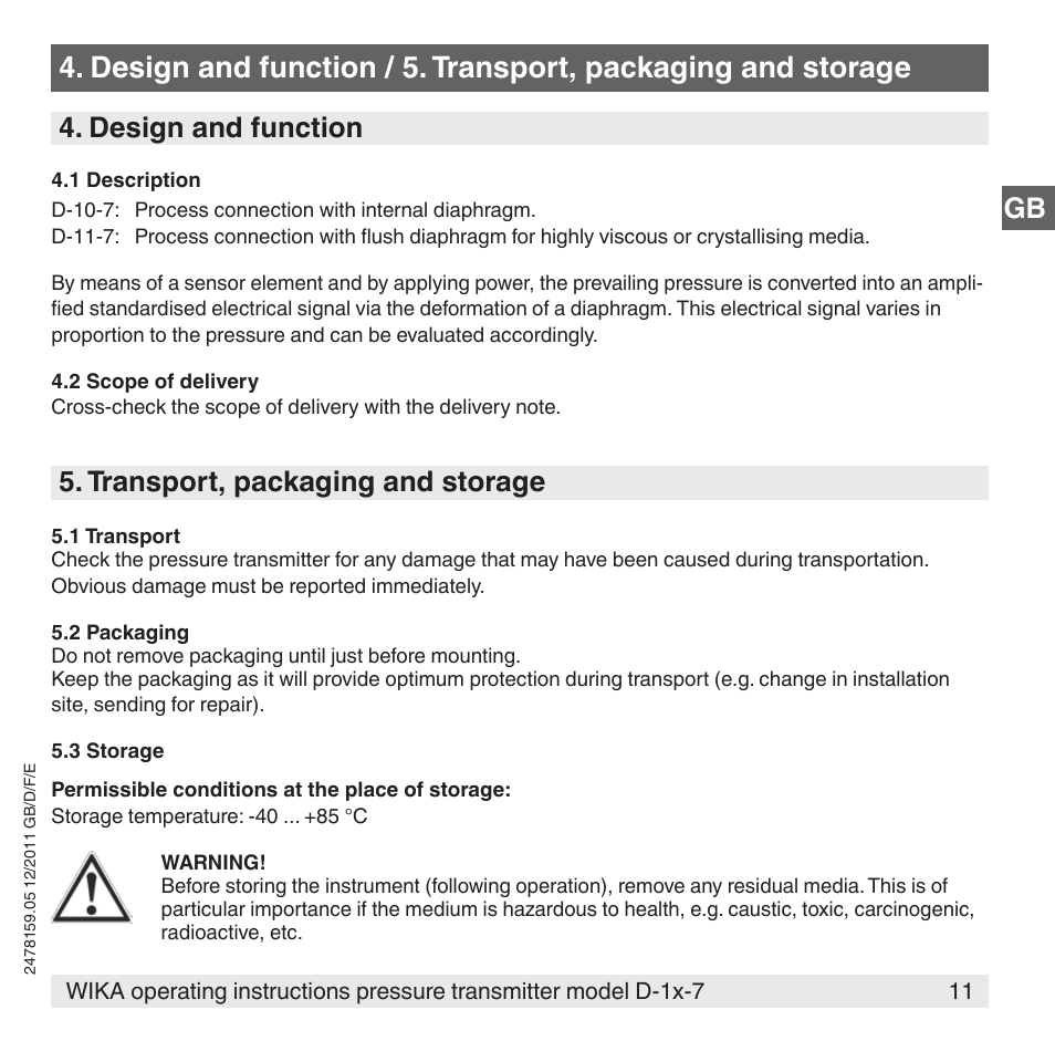 Design and function, Transport, packaging and storage | WIKA D-11-7 User Manual | Page 11 / 112