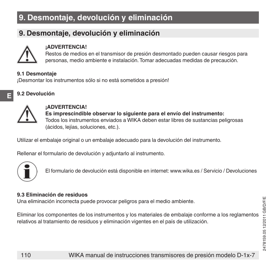 Desmontaje, devolución y eliminación | WIKA D-11-7 User Manual | Page 110 / 112