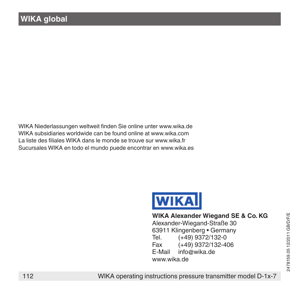 Wika global | WIKA D-11-7 User Manual | Page 112 / 112