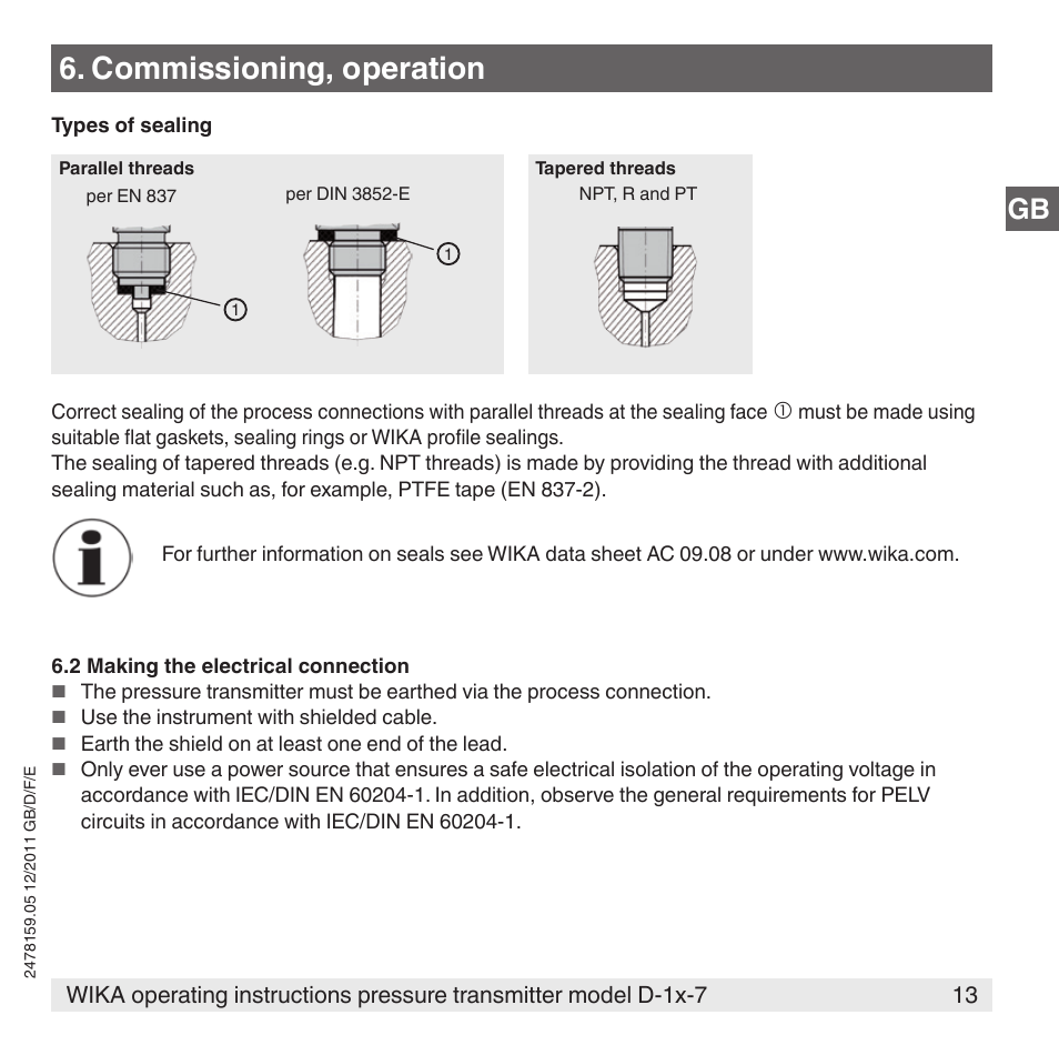 Commissioning, operation | WIKA D-11-7 User Manual | Page 13 / 112