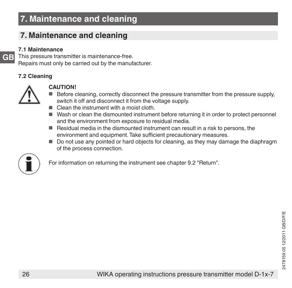 Maintenance and cleaning, Gb 7. maintenance and cleaning | WIKA D-11-7 User Manual | Page 26 / 112
