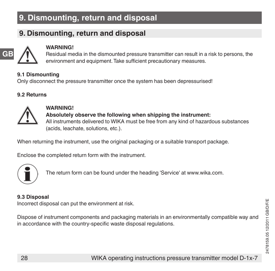 Dismounting, return and disposal | WIKA D-11-7 User Manual | Page 28 / 112