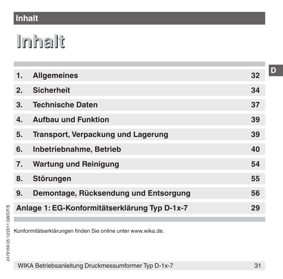 Inhalt | WIKA D-11-7 User Manual | Page 31 / 112