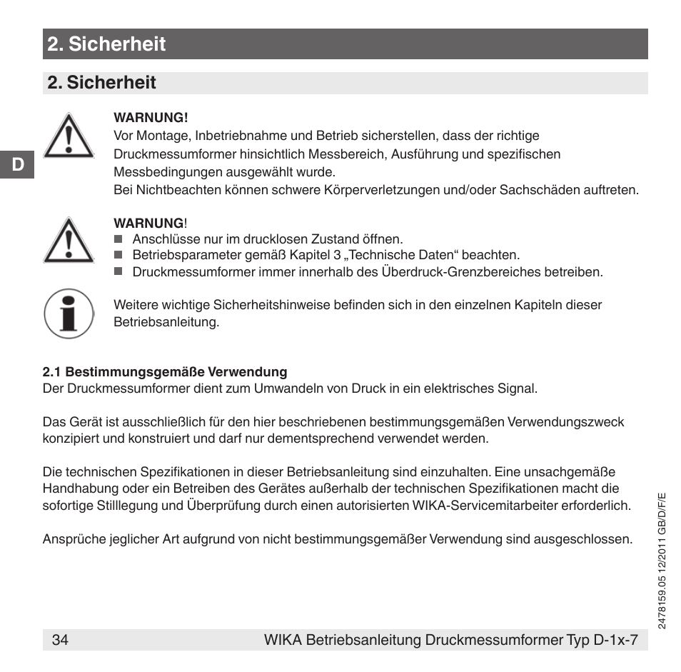 Sicherheit, D2. sicherheit | WIKA D-11-7 User Manual | Page 34 / 112