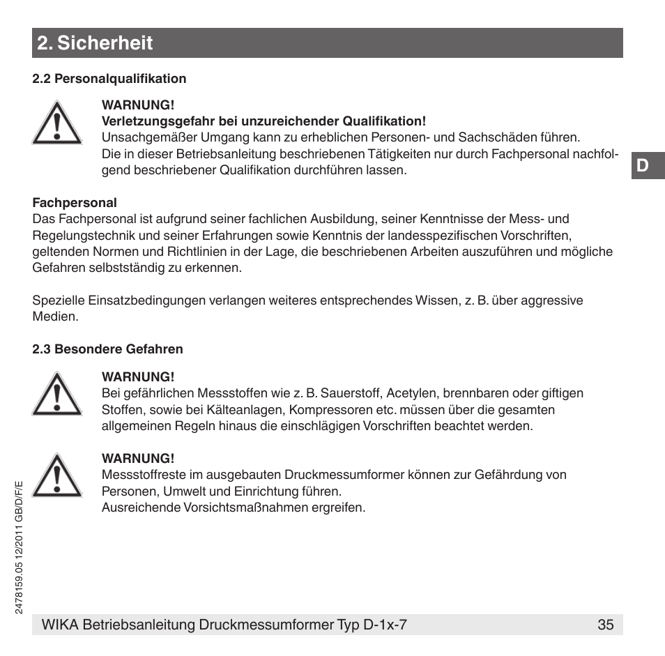 Sicherheit | WIKA D-11-7 User Manual | Page 35 / 112