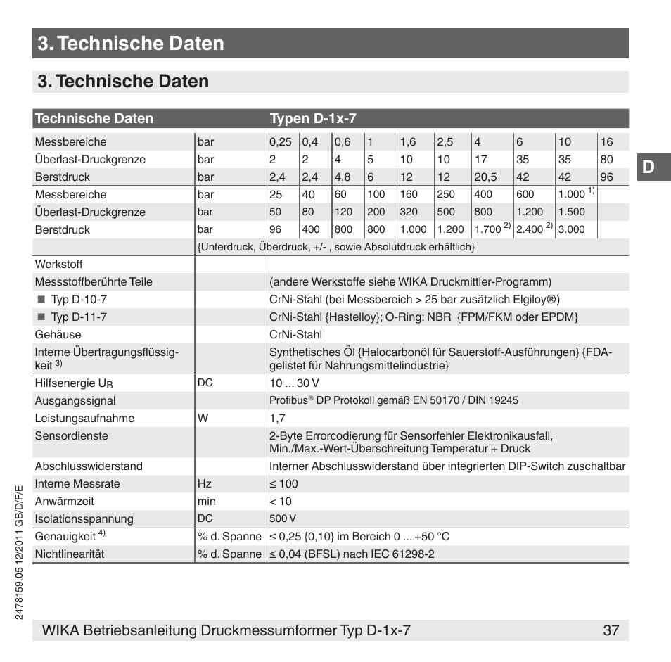 Technische daten, D3. technische daten | WIKA D-11-7 User Manual | Page 37 / 112