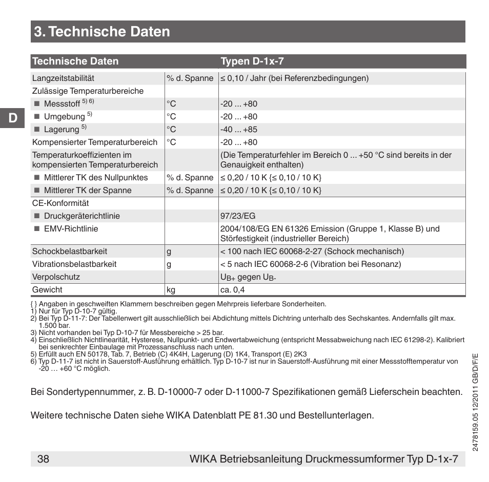 Technische daten, Technische daten typen d-1x-7 | WIKA D-11-7 User Manual | Page 38 / 112