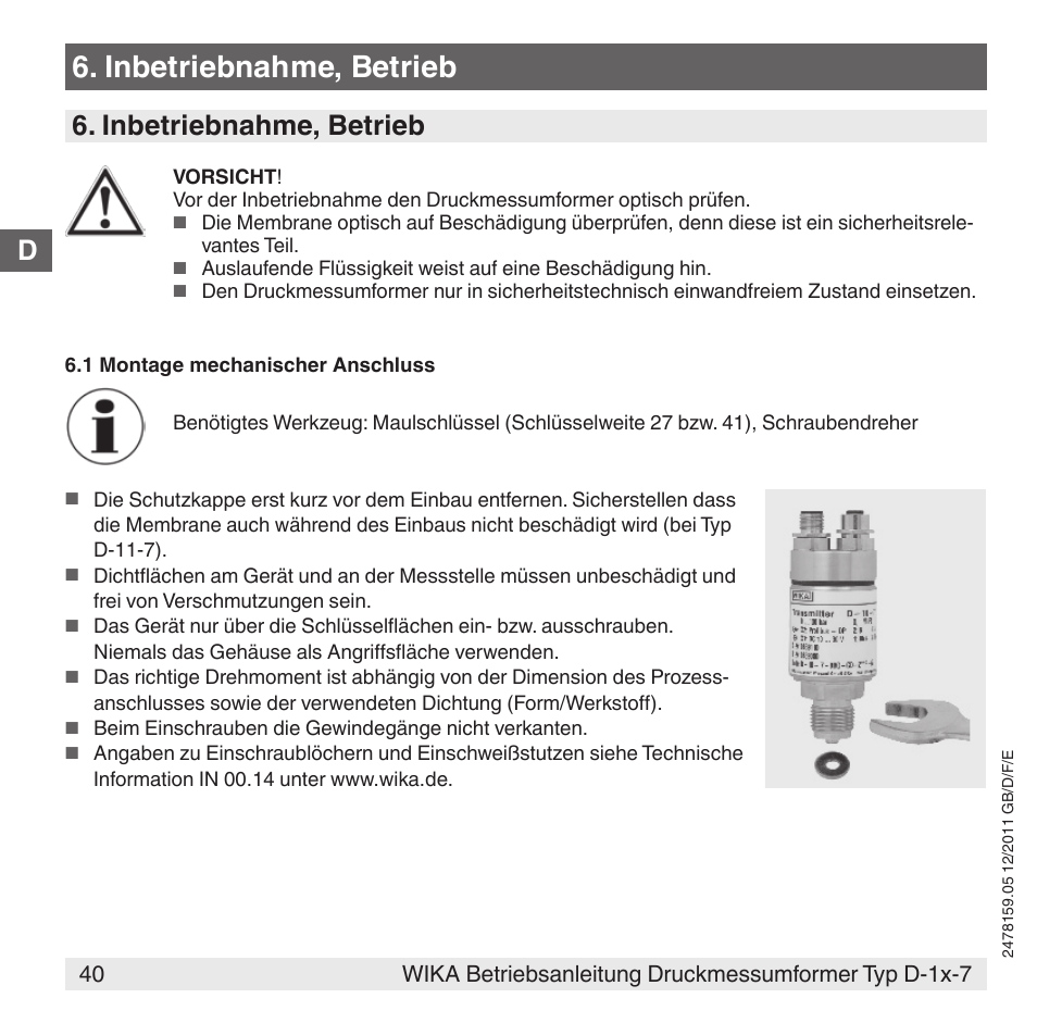 Inbetriebnahme, betrieb | WIKA D-11-7 User Manual | Page 40 / 112