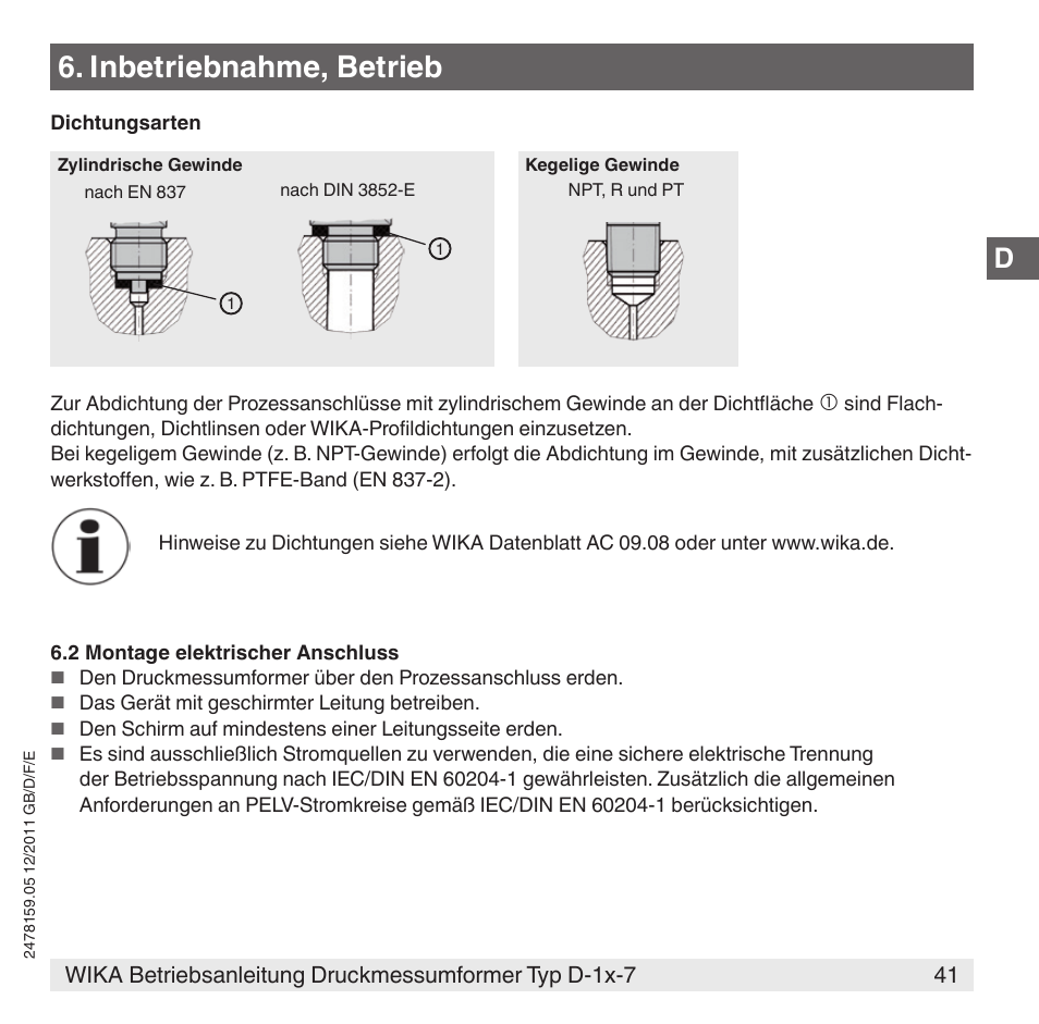 Inbetriebnahme, betrieb | WIKA D-11-7 User Manual | Page 41 / 112