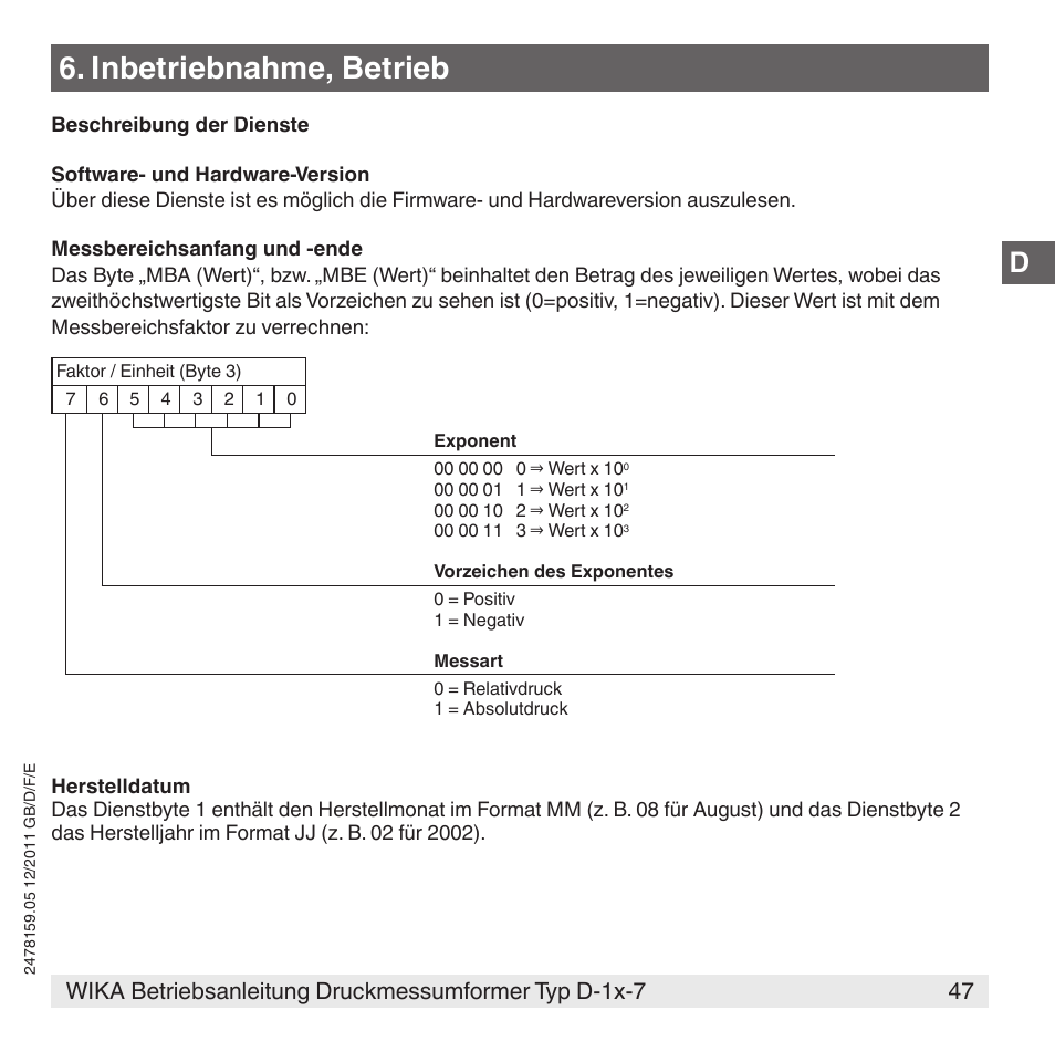 Inbetriebnahme, betrieb | WIKA D-11-7 User Manual | Page 47 / 112