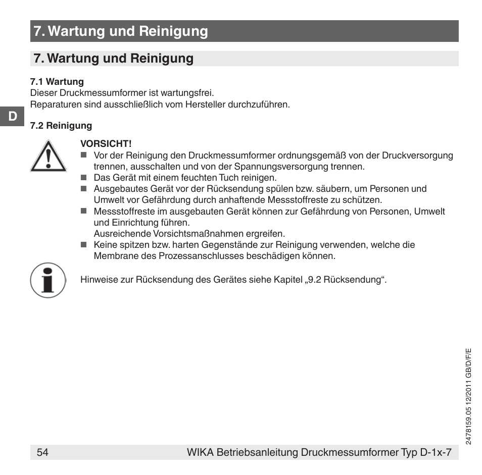 Wartung und reinigung, D7. wartung und reinigung | WIKA D-11-7 User Manual | Page 54 / 112