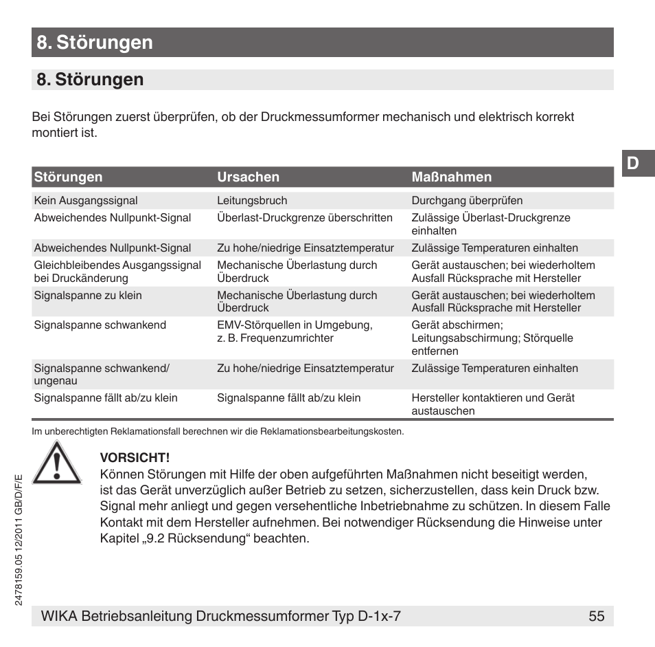 Störungen | WIKA D-11-7 User Manual | Page 55 / 112