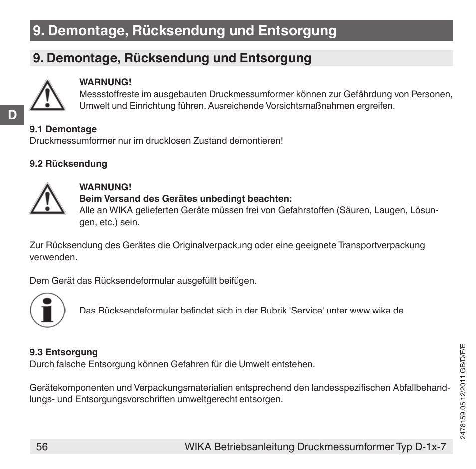 Demontage, rücksendung und entsorgung | WIKA D-11-7 User Manual | Page 56 / 112