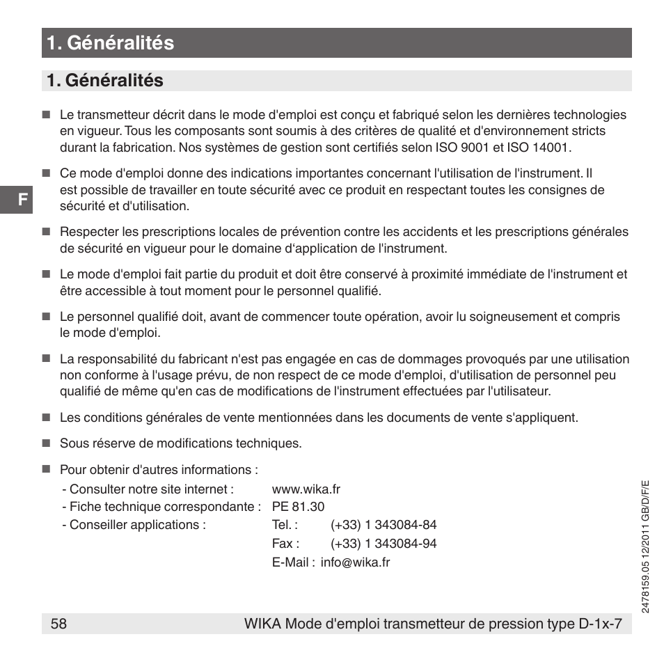 Généralités | WIKA D-11-7 User Manual | Page 58 / 112