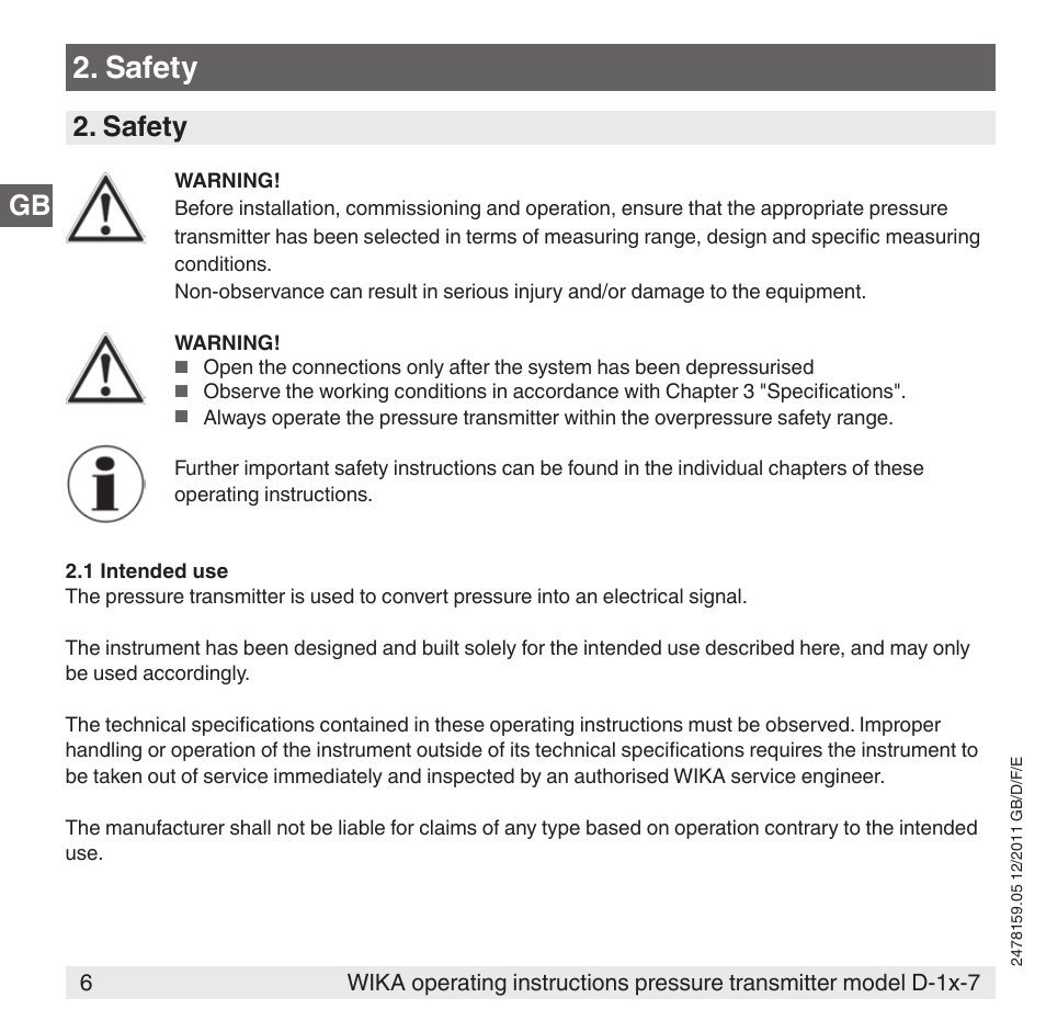 Safety, Gb 2. safety | WIKA D-11-7 User Manual | Page 6 / 112