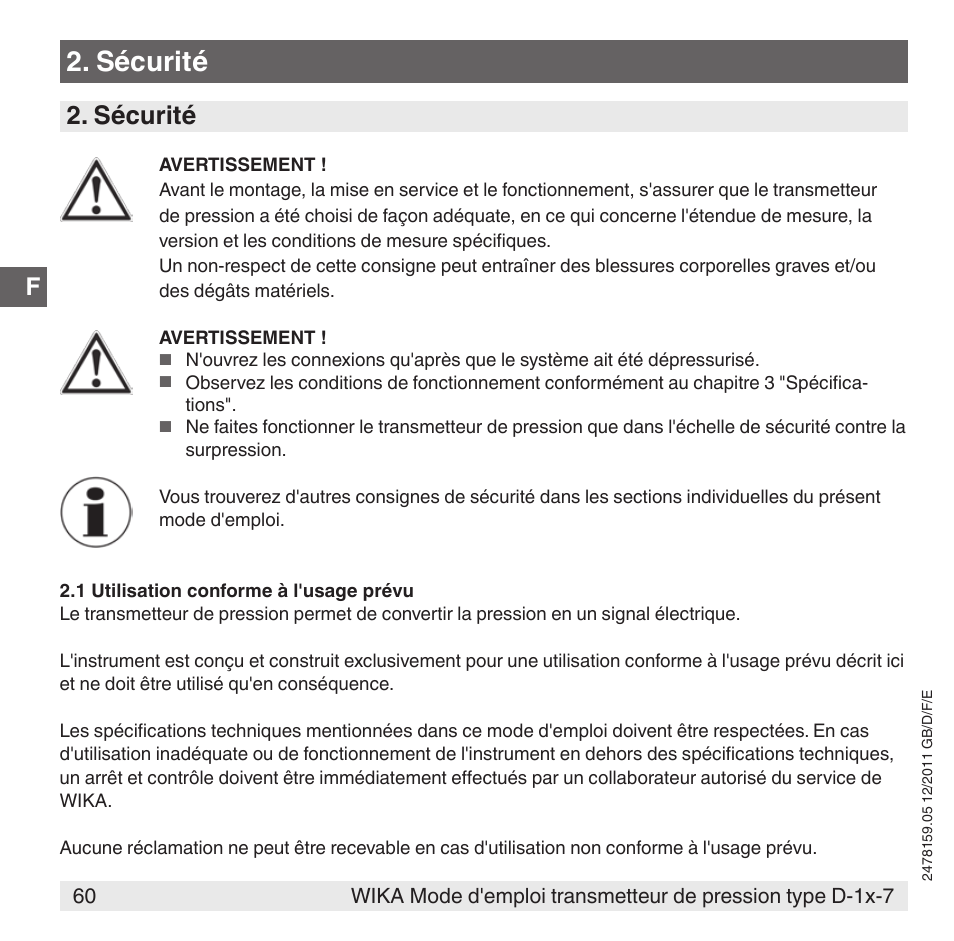 Sécurité | WIKA D-11-7 User Manual | Page 60 / 112