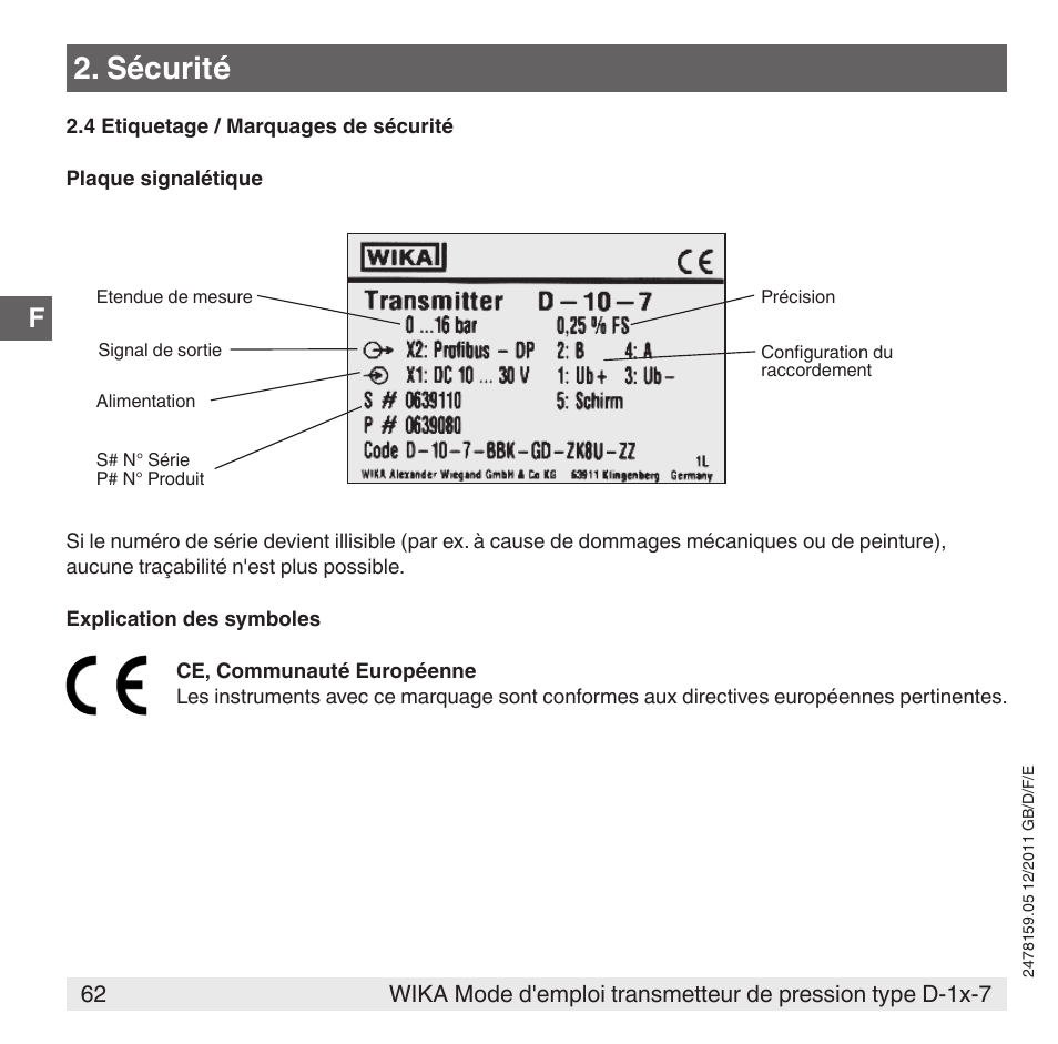 Sécurité | WIKA D-11-7 User Manual | Page 62 / 112