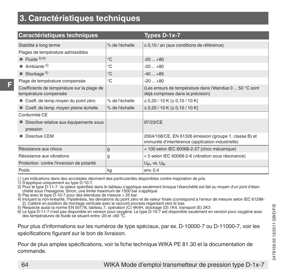 Caractéristiques techniques, Caractéristiques techniques types d-1x-7 | WIKA D-11-7 User Manual | Page 64 / 112