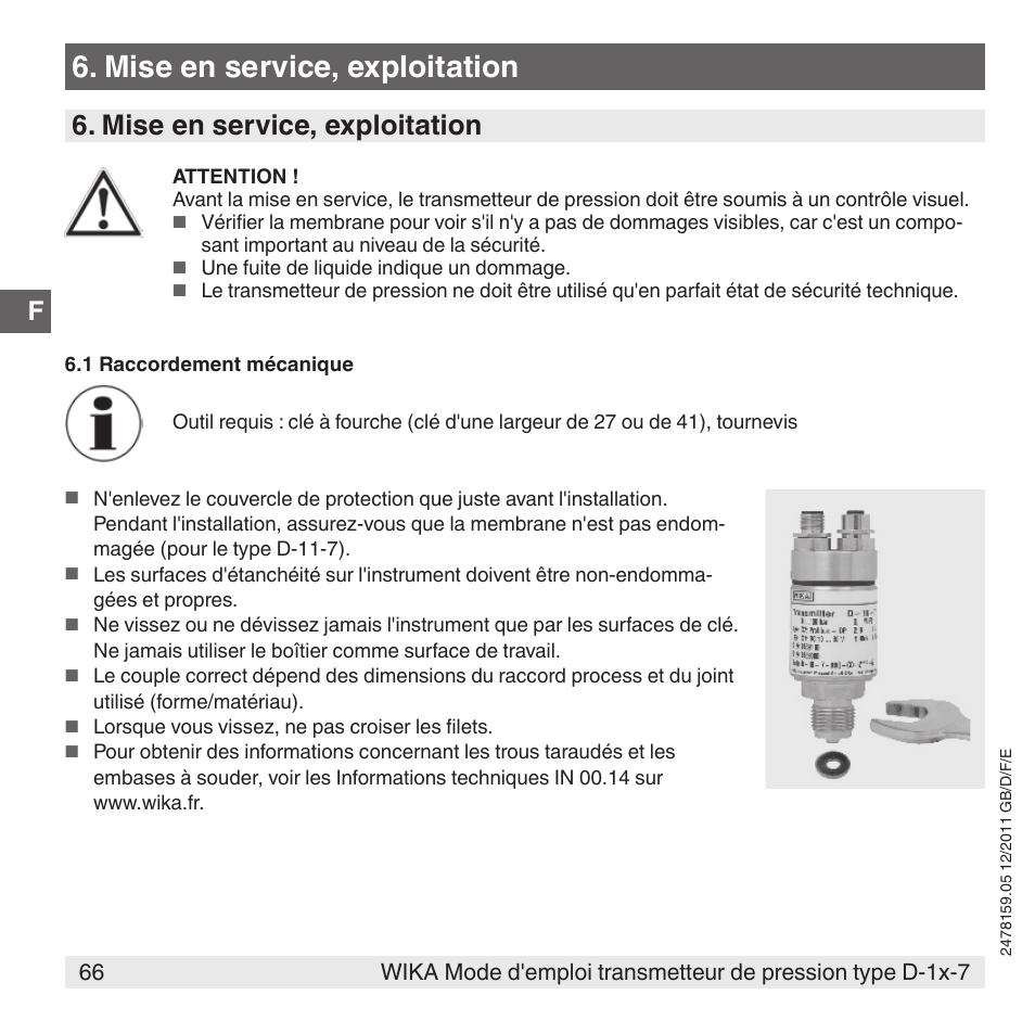 Mise en service, exploitation | WIKA D-11-7 User Manual | Page 66 / 112