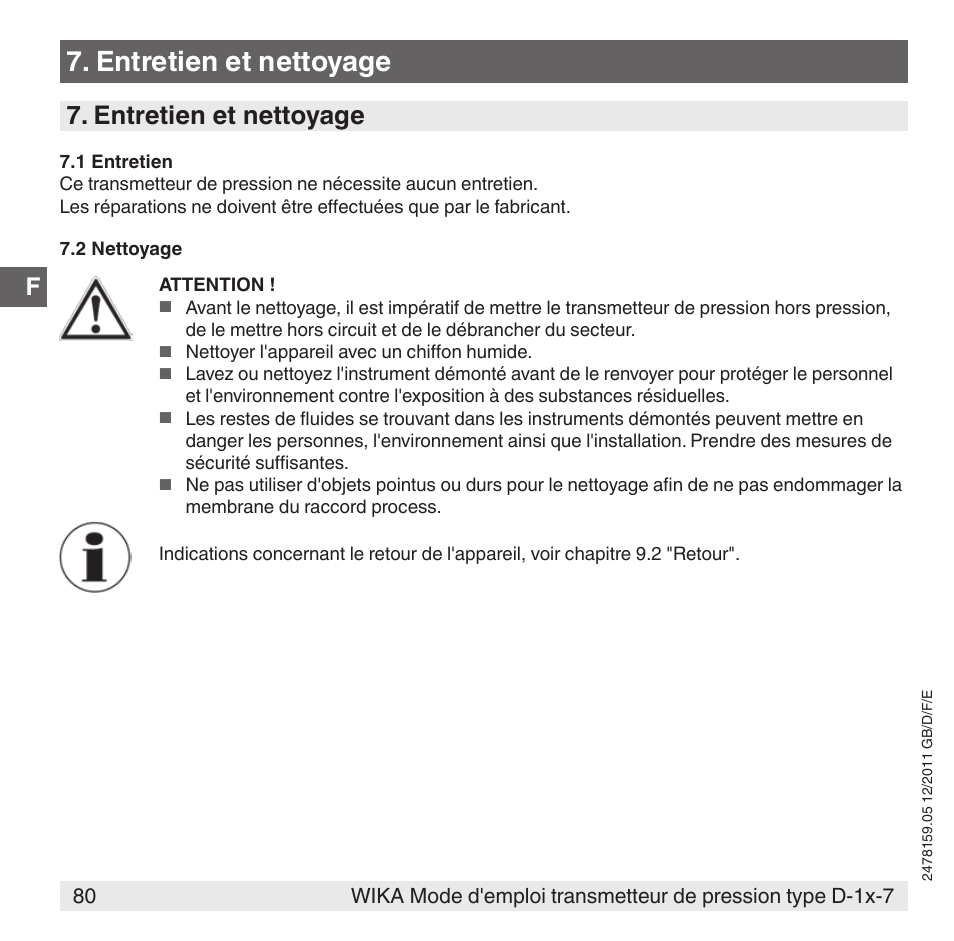 Entretien et nettoyage | WIKA D-11-7 User Manual | Page 80 / 112