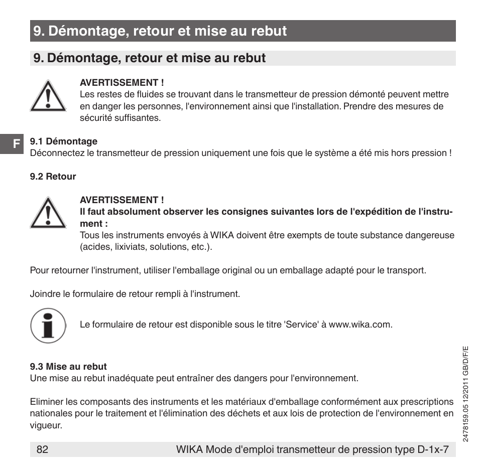 Démontage, retour et mise au rebut | WIKA D-11-7 User Manual | Page 82 / 112