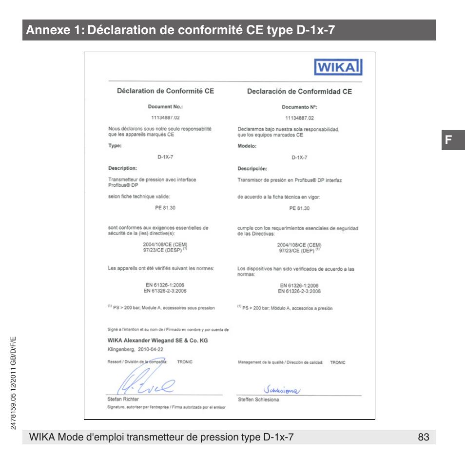 Annexe 1: déclaration de conformité ce type d-1x-7 | WIKA D-11-7 User Manual | Page 83 / 112