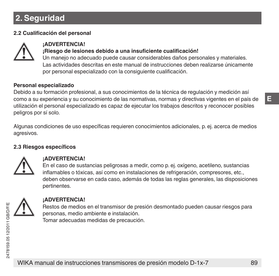 Seguridad | WIKA D-11-7 User Manual | Page 89 / 112