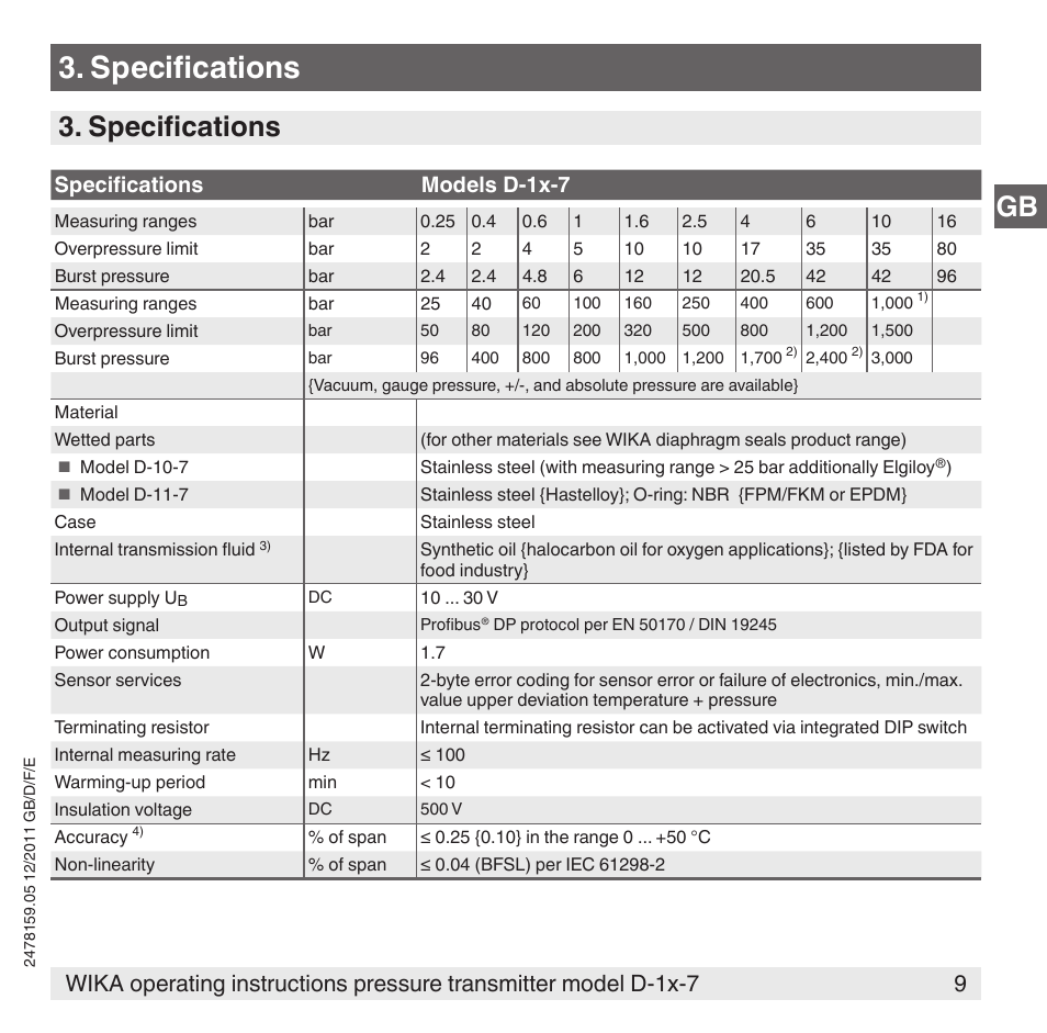 Specifications, Gb 3. specifications | WIKA D-11-7 User Manual | Page 9 / 112