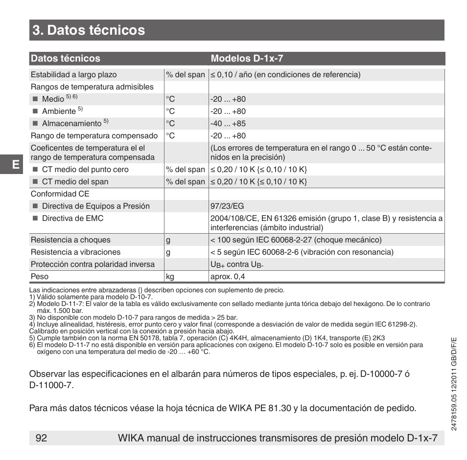 Datos técnicos, Datos técnicos modelos d-1x-7 | WIKA D-11-7 User Manual | Page 92 / 112