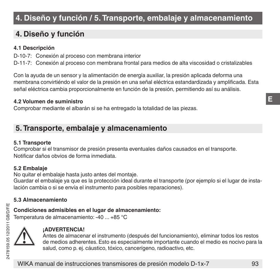 Diseño y función, Transporte, embalaje y almacenamiento | WIKA D-11-7 User Manual | Page 93 / 112