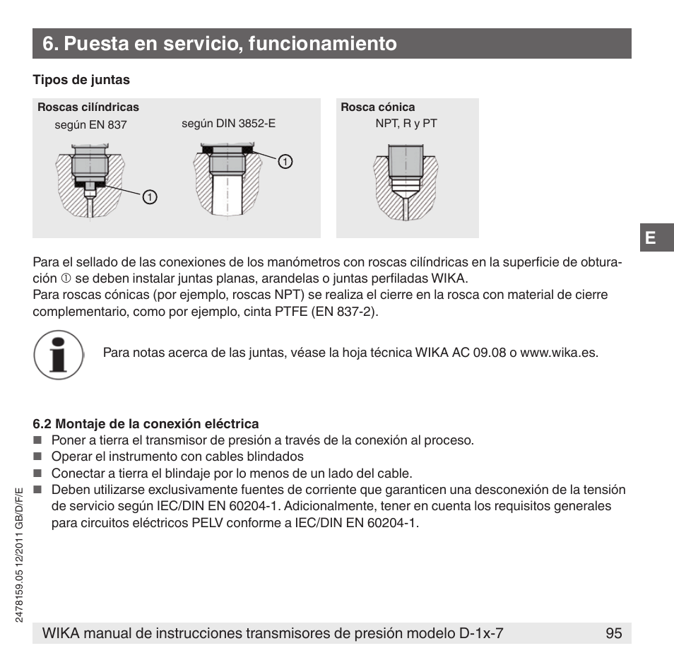 Puesta en servicio, funcionamiento | WIKA D-11-7 User Manual | Page 95 / 112