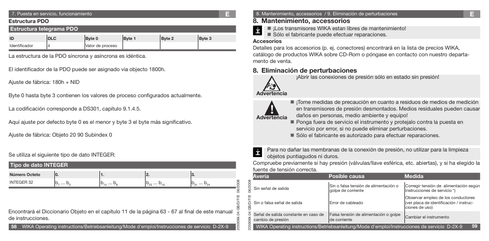 E8. mantenimiento, accessorios, Eliminación de perturbaciones | WIKA D-21-9 User Manual | Page 30 / 35