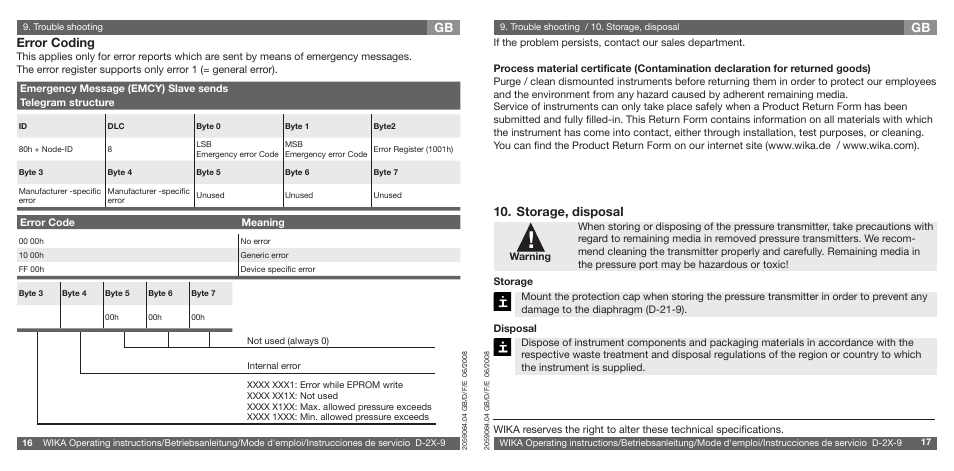 Gb 10. storage, disposal, Error coding | WIKA D-21-9 User Manual | Page 9 / 35