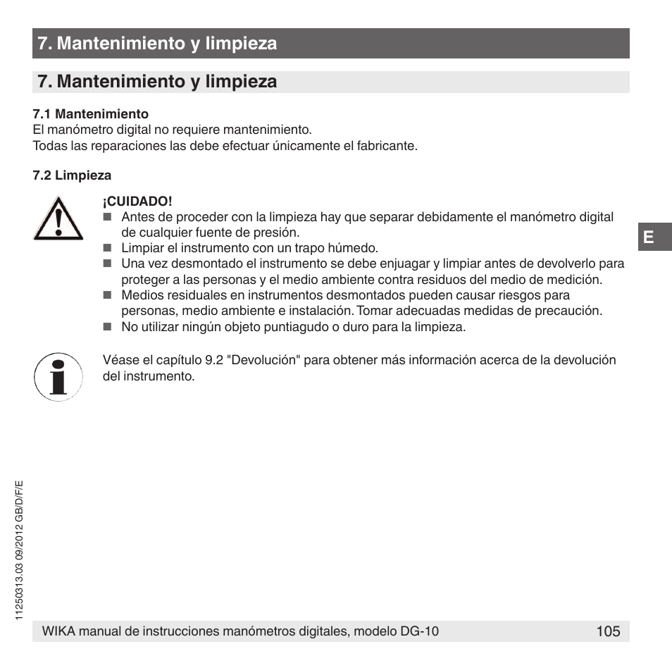 Mantenimiento y limpieza | WIKA DG-10 User Manual | Page 105 / 112