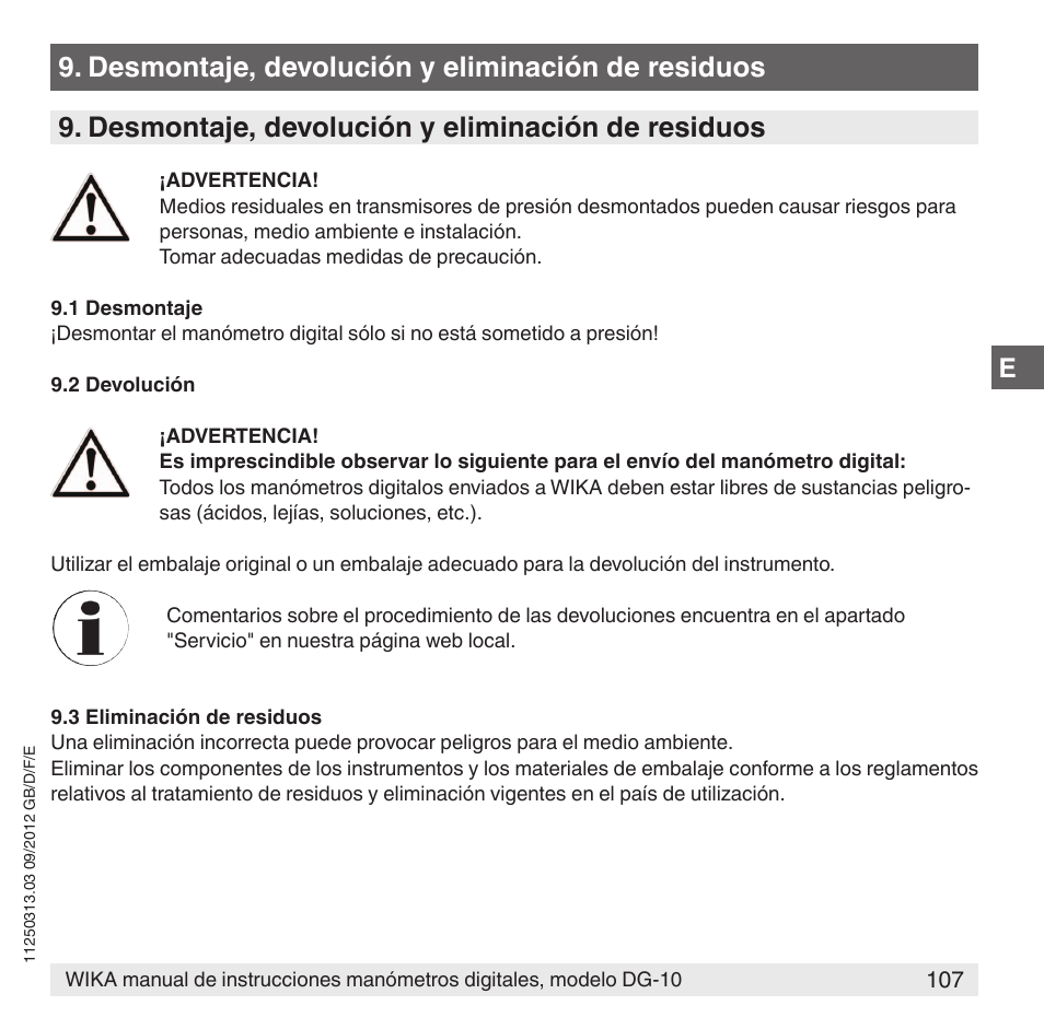 Desmontaje, devolución y eliminación de residuos | WIKA DG-10 User Manual | Page 107 / 112