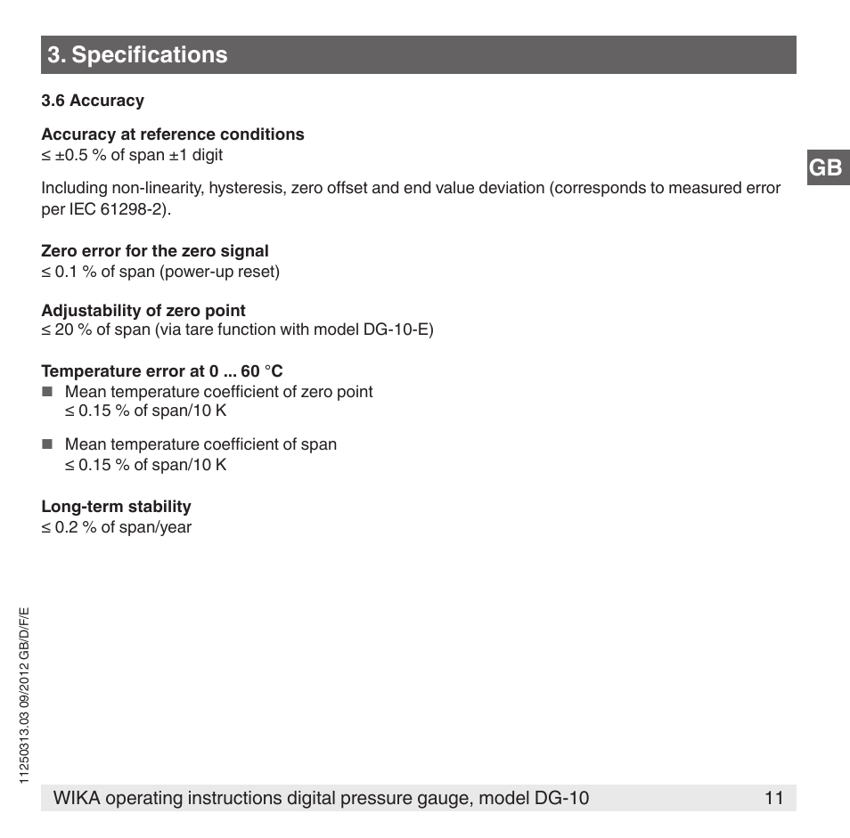 Specifications | WIKA DG-10 User Manual | Page 11 / 112